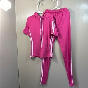 Buzz Kids girls Jog Suit Zip hooded Pink White stripes‎ Pants 2 peice Set size S